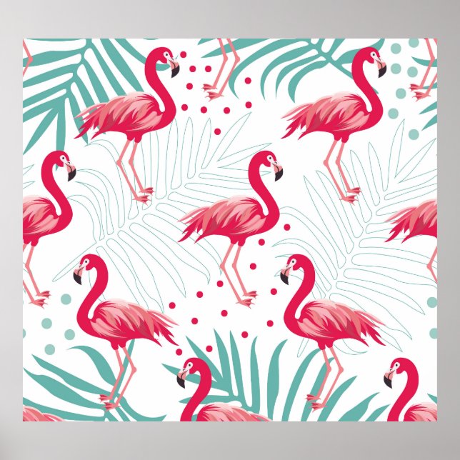 Póster Flamingo y hojas tropicales, patrón de verano. (Frente)