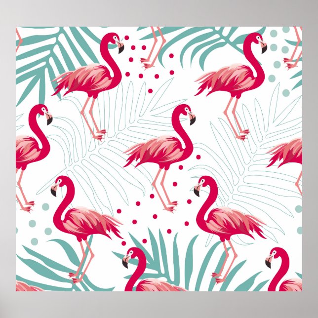 Póster Flamingo y hojas tropicales, patrón de verano. (Frente)