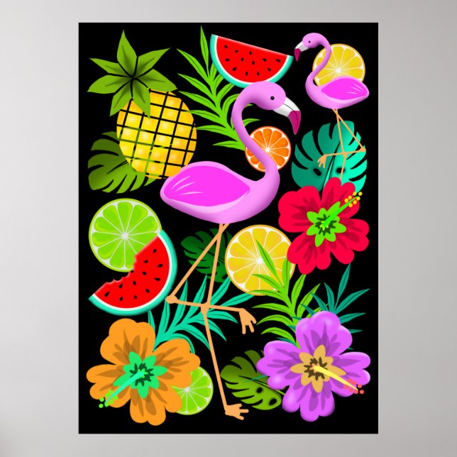 Póster Flamingo y patrón de diversión de frutas de verano (Frente)