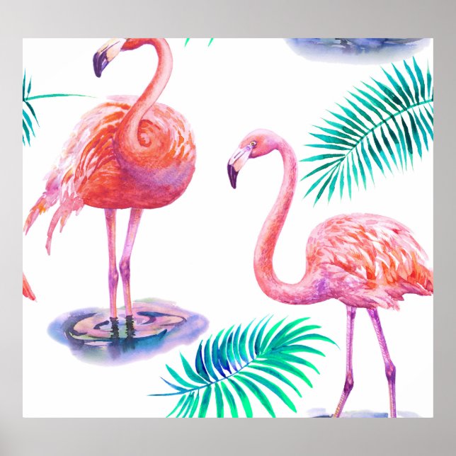 Póster Flamingos Tropicales: Orquídeas Acuarela Sin Marea (Frente)