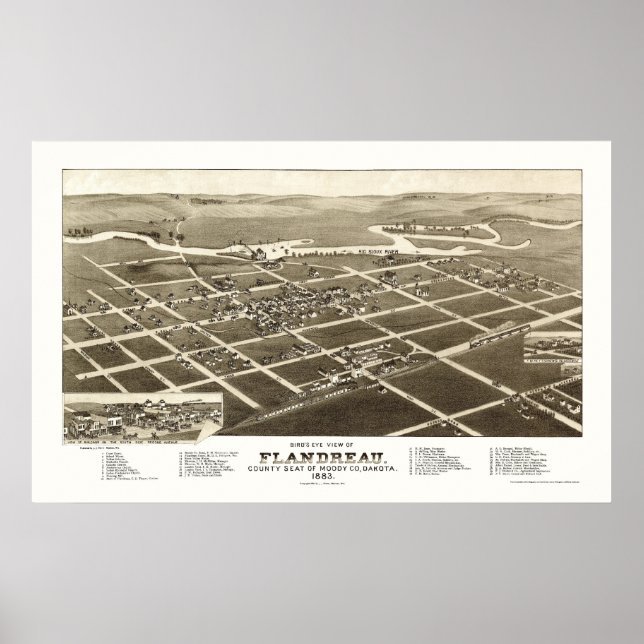 Póster Flandreau, Mapa Panorámico SD - 1883 (Frente)
