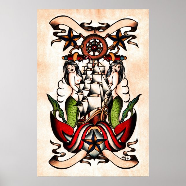 Póster Flash de tatuaje marítimo de la vieja escuela (Frente)