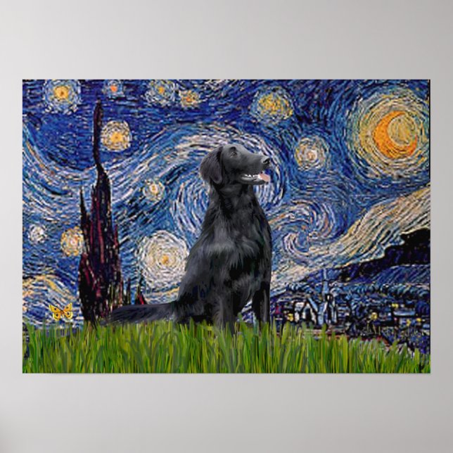 Póster Flat Coated Retriever 1 - Noche estrellada (Frente)