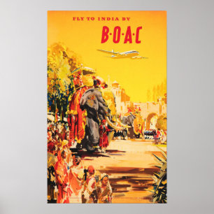 Póster FLECHA A INDIA por BOAC Tours Viajes viejos