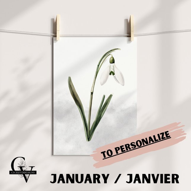 Póster Fleur de février aquarelle botanique perce-neige (Fleur de Naissance du mois de Février : Le Perce Neige)