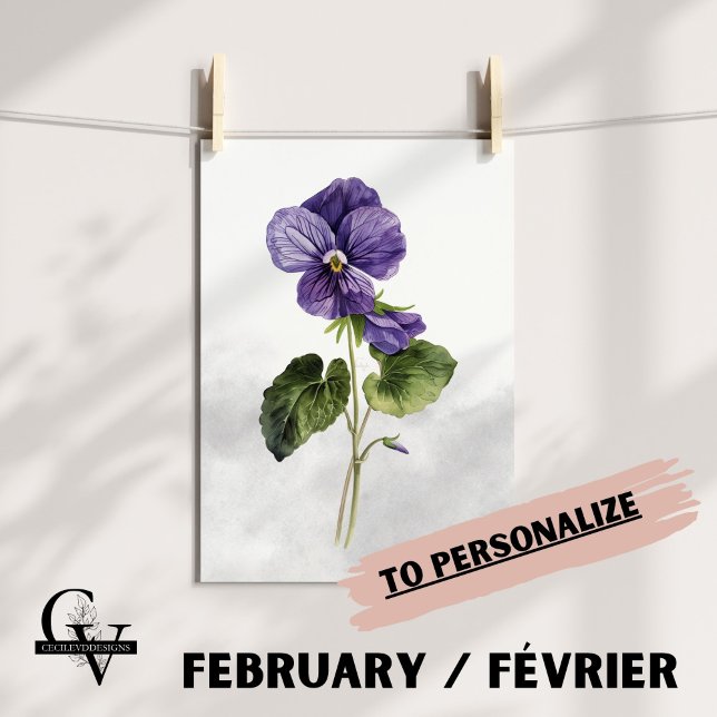 Póster Fleur de février aquarelle botanique violette (Fleur de Naissance du mois de Février : La Violette)