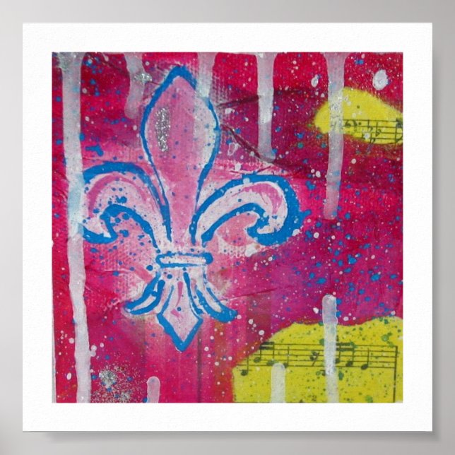 Póster Fleur de Lis con lienzo magenta, azul y amarillo (Frente)