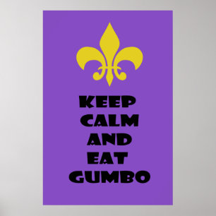 Póster Fleur de Lis Mantenga la calma comiendo Gumbo Púrp