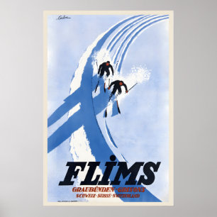 Póster Flims Graubünden Cantón de Grisons Esquí Antiguo