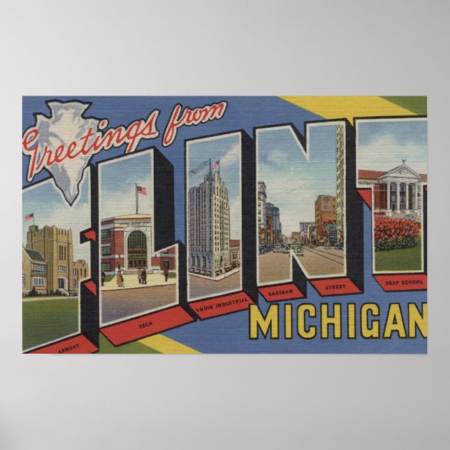 Póster Flint, MichiganEscenas de letras grandesFlint, MI  (Frente)