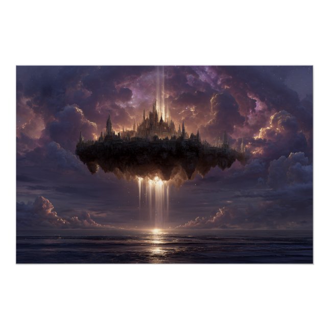 Póster Floating Fantasy Castle Cloud Beams Glow (Anverso)