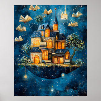 Póster Floating House of Books Fantasy Art Poster