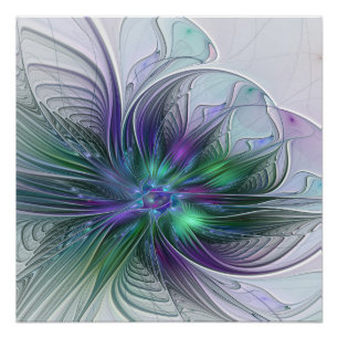 Póster Flor Abstracta Moderna Fractal Verde Púrpura