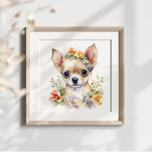 Póster Flor acuarela de mascota de cachorros de Chihuahua