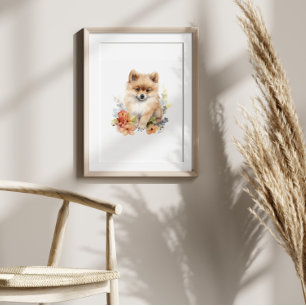 Póster Flor acuarela Mascota de cachorros de Pomerania