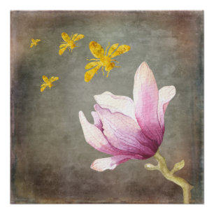 Póster Flor acuarela y abejas doradas