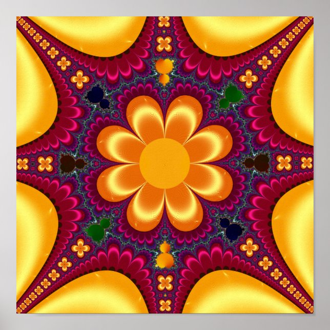 Póster Flor amarilla Mandelbrot Mandala (Frente)
