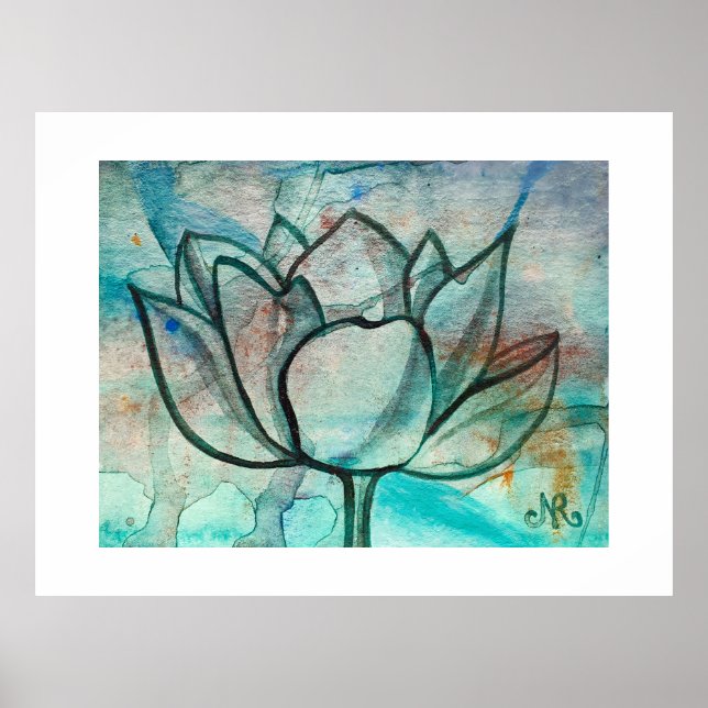 Póster Flor azul azul verde azulado Elegante Artsy Lotus (Frente)