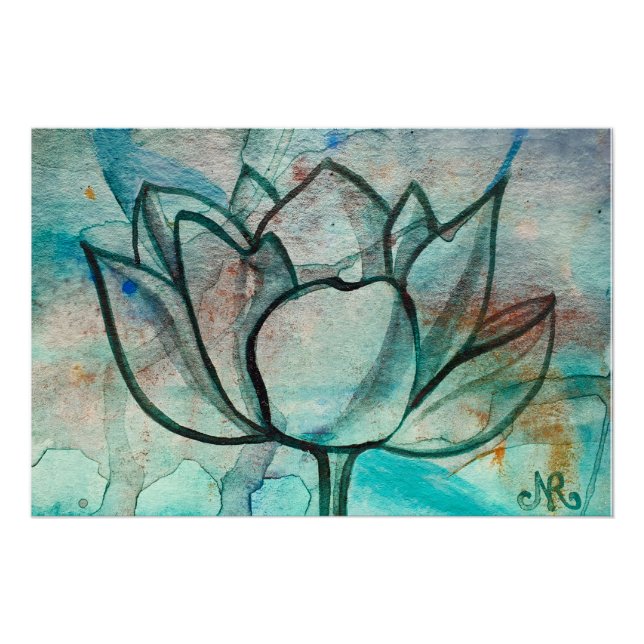 Póster Flor azul azul verde azulado Elegante Artsy Lotus (Anverso)