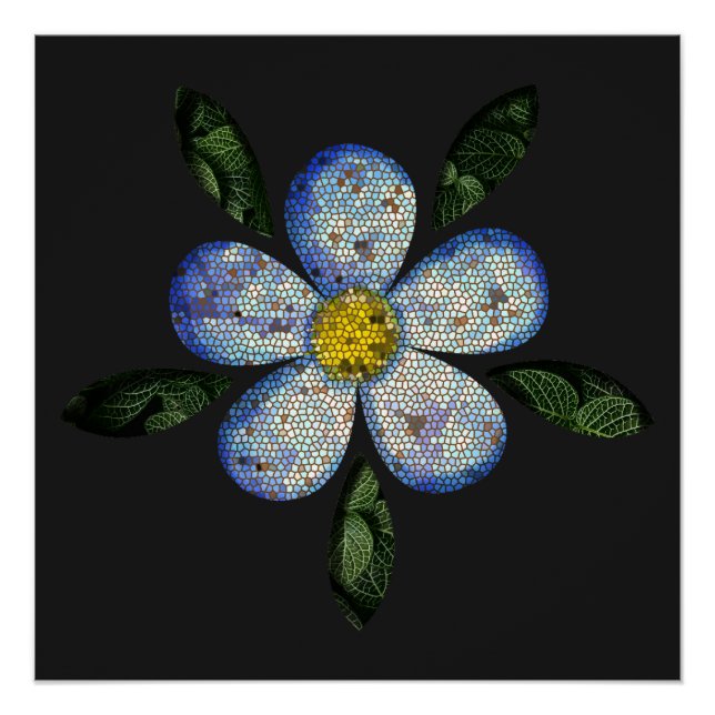 Póster Flor Azul com Folhas Escuras em Composição Moderna (Anverso)