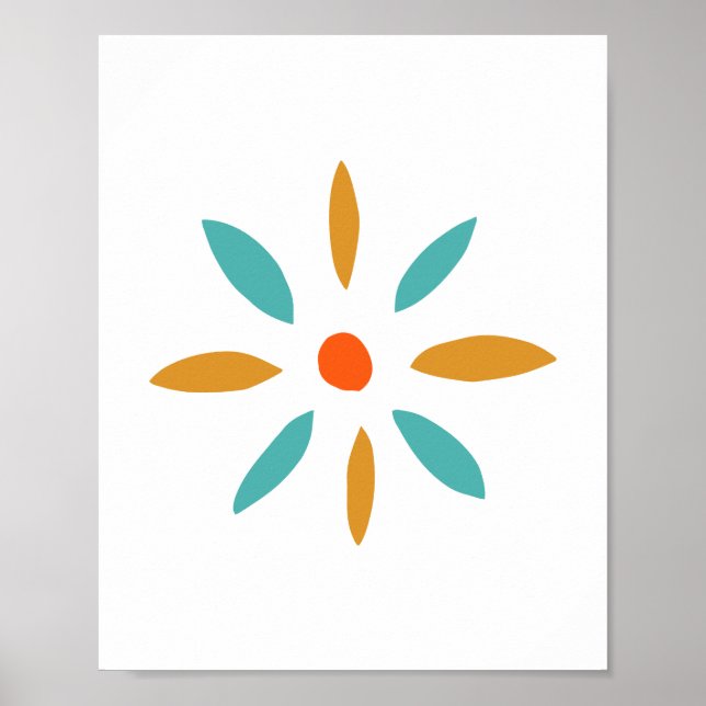 Póster Flor azul Naranja Funky a mediados del siglo (Frente)