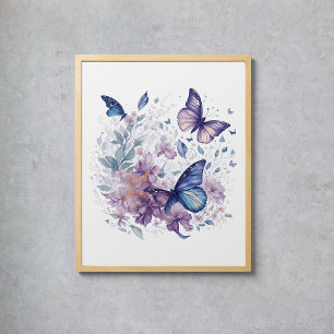 Póster Flor azul púrpura de mariposas místicas