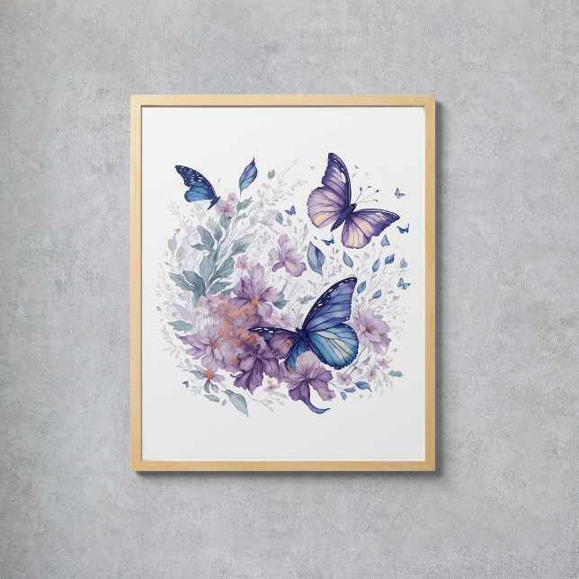 Póster Flor azul púrpura de mariposas místicas (Mystical Butterflies Watercolor Purple Blue Flower Poster
)