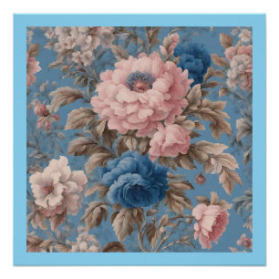 Póster Flor Azul Y Rosa De Pastel Victoriano