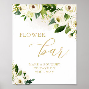 Póster Flor Bar ducha de novia floral blanca y dorada