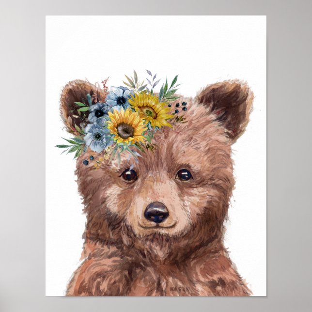 Póster Flor Bebé Bear Cub Nursera Niño Woodland (Frente)
