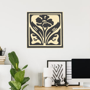 Póster Flor beige negra elegante de estilo Art Nouveau