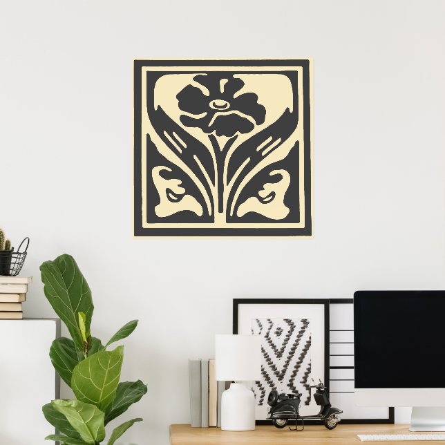 Póster Flor beige negra elegante de estilo Art Nouveau (Oficina en casa)