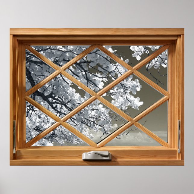 Póster Flor blanca (flores de cerezo) Faux, Fake, Window (Frente)