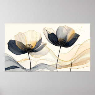 Póster Flor Celeste Índigo y Oro: Minimalista Moderna F