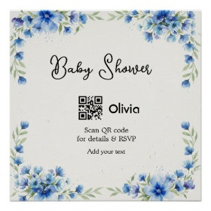 Póster flor de acuarela azul para baby shower escanea QR
