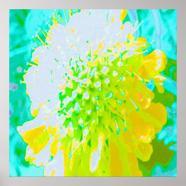 Póster Flor de Almohadilla Abstracta en Amarillo y Verde (Frente)