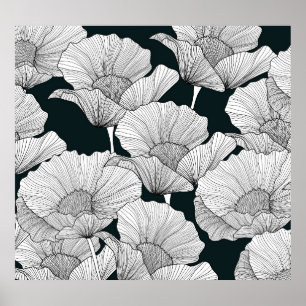 Póster Flor de amapola, Línea Blanca Negra.