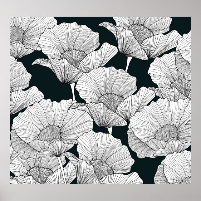 Póster Flor de amapola, Línea Blanca Negra. (Frente)