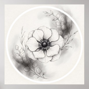 Póster Flor de Anémona Botánica Blanco Negro