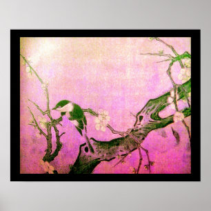 Póster FLOR DE ÁRBOL Y PÁJARO DE PRIMAVERA Rosa Fuchsia