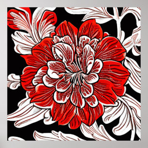 Póster Flor de Art Nouveau blanca y negra roja