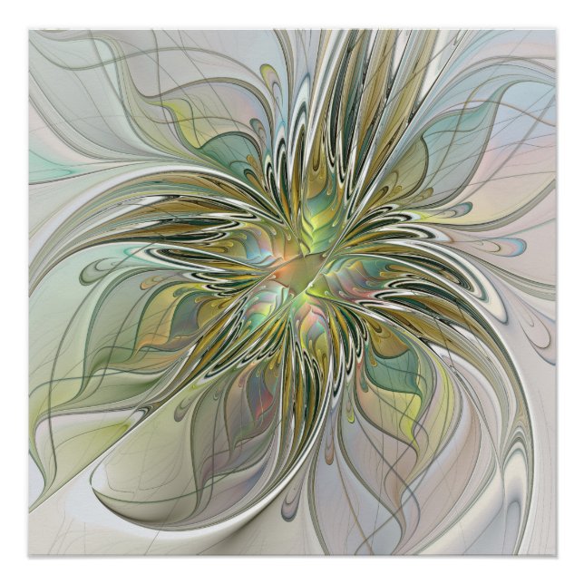Póster Flor De Arte Fractal Moderno Con Oro (Anverso)