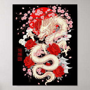 Póster Flor de cerezo asiática Dragón chino Año Nuevo chi