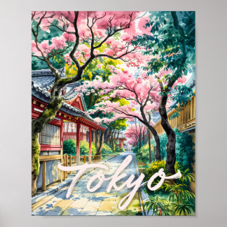 Póster Flor de cerezo en aquarela de Tokio Japón tradicio