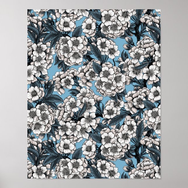 Póster Flor de cerezo en blanco y azul (Frente)
