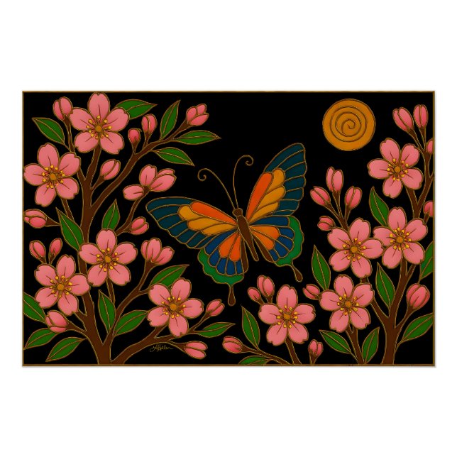 Póster Flor de Cerezo Luna Mariposa (Anverso)