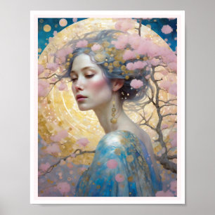 Póster Flor de cerezo Mujer Art Decó Círculos Oro Rosa