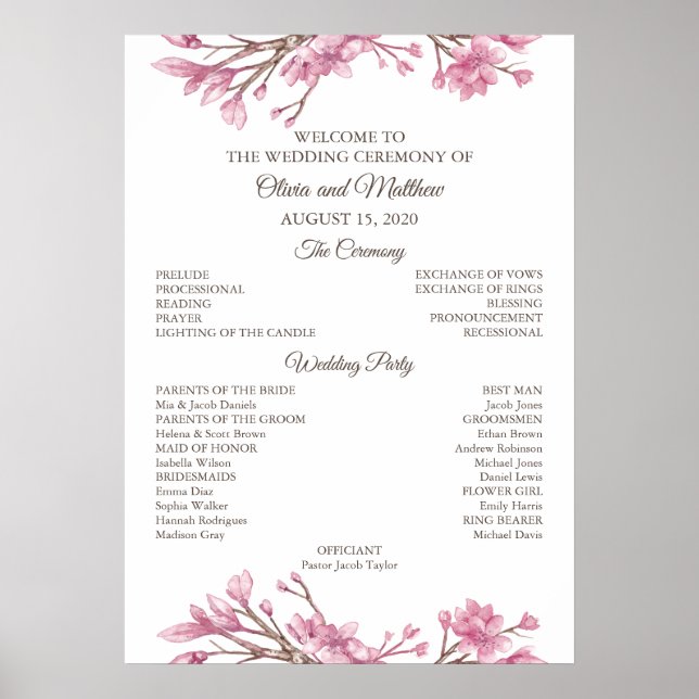 Póster Flor de cerezo rosa. Programa de bodas florales (Frente)