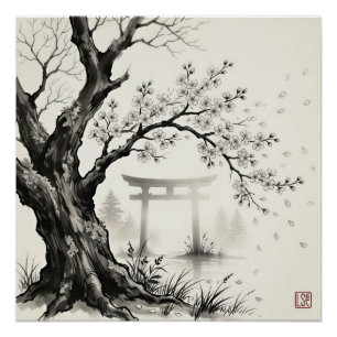 Póster Flor de Cerezo y Puerta Torii —  Tinta Sumi-e Japo