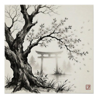 Póster Flor de Cerezo y Puerta Torii — Tinta Sumi-e Japo